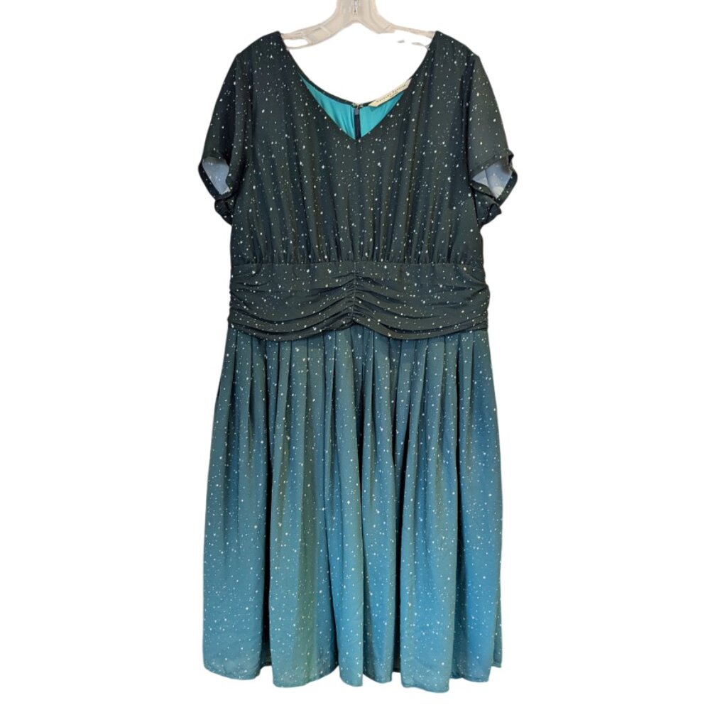 ESHAKTI Wayward Fancies Ombre Star Print Dress 1X-18W Crepe Pleated Empire Waist - Picture 2 of 11